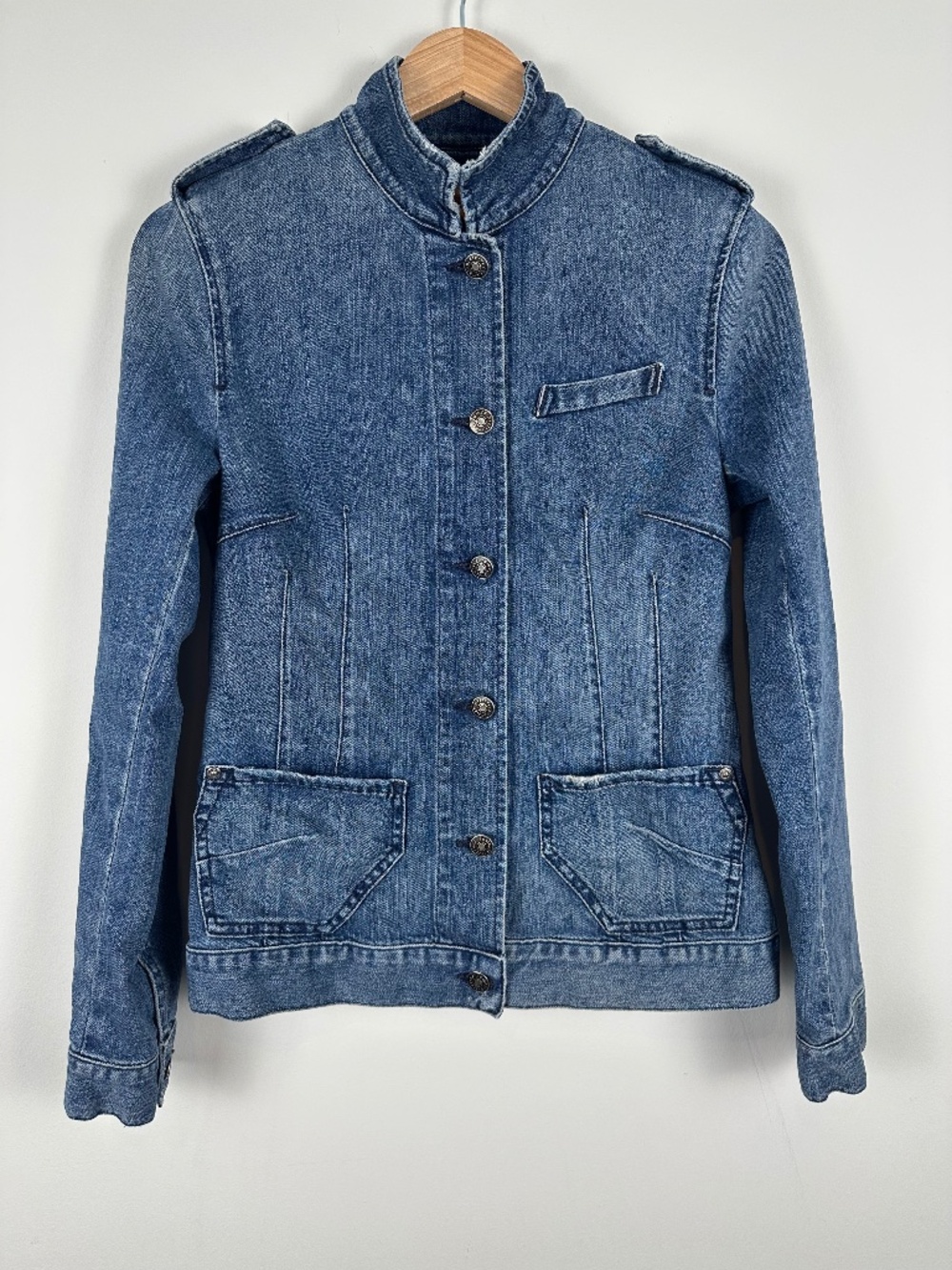 James Cured by Seun Denim Military Jacket Distressed Stretch Blue Small